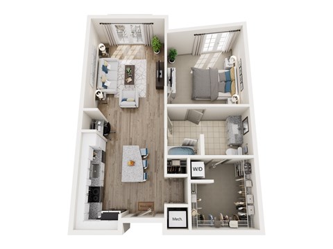 Floor plan for 1 bed, 1 bath, 835 sqft